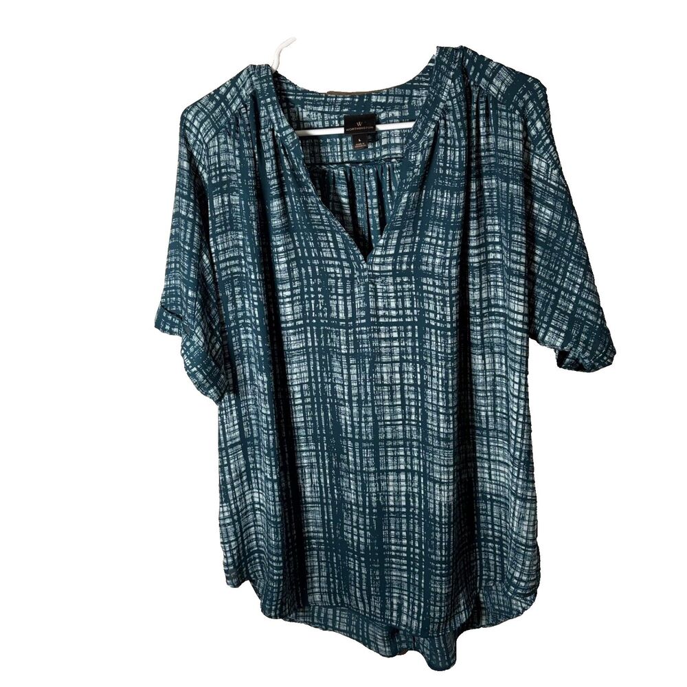 Worthington Blouse Women's Large Blue V-Neck Printed Short Sleeve Casual Top